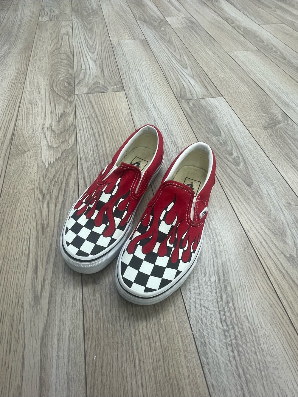 Vans Kids Red Flame Slip-On Sneakers with Black & White Checkerboard